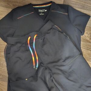 Fabletics Black Scrub Set with Rainbow Accents